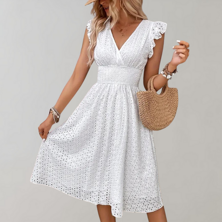 Eyelet Midi-jurk - Rimpel Mouwen & Gesmokte Taille