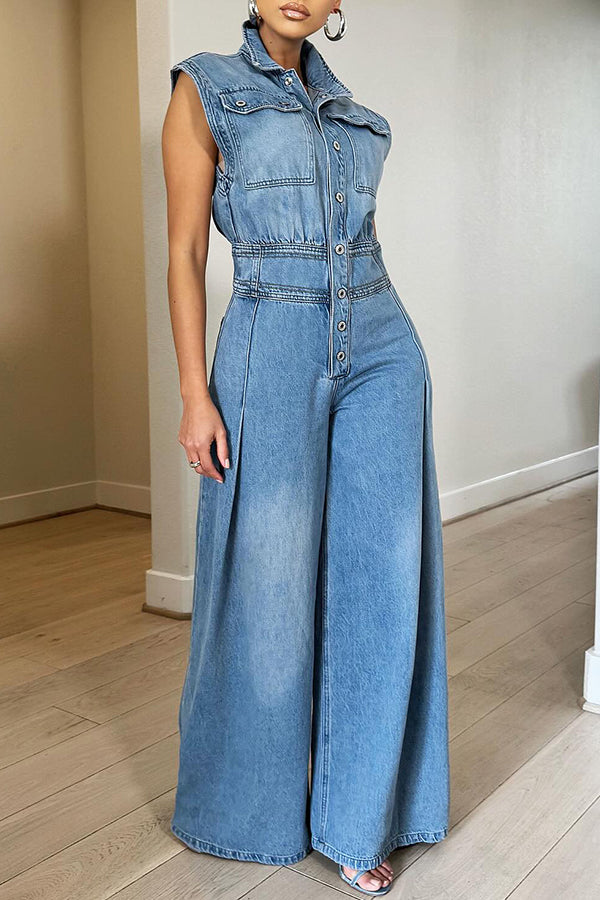Ferg - Rechte denim jumpsuit met wijde pijpen