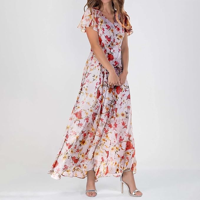 Florale Maxi-jurk - Chiffon Stof met Gelaagd Ontwerp