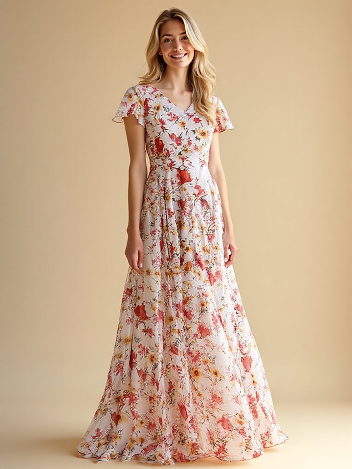 Florale Maxi-jurk - Chiffon Stof met Gelaagd Ontwerp