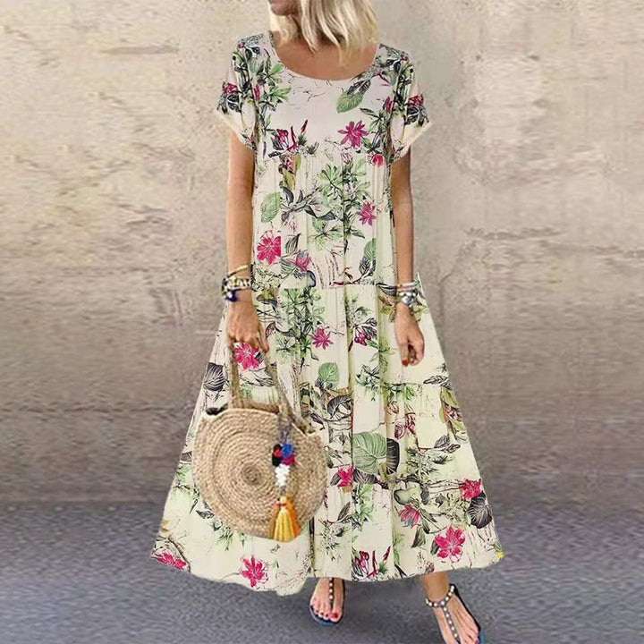 Florale Maxi-jurk - Korte Mouwen & Vloeiend Silhouet