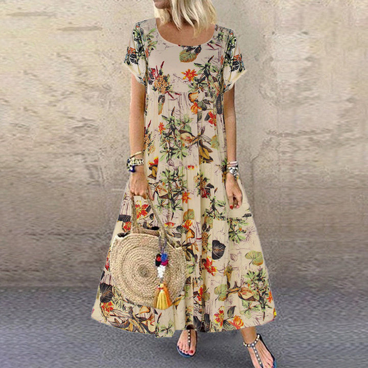 Florale Maxi-jurk - Korte Mouwen & Vloeiend Silhouet