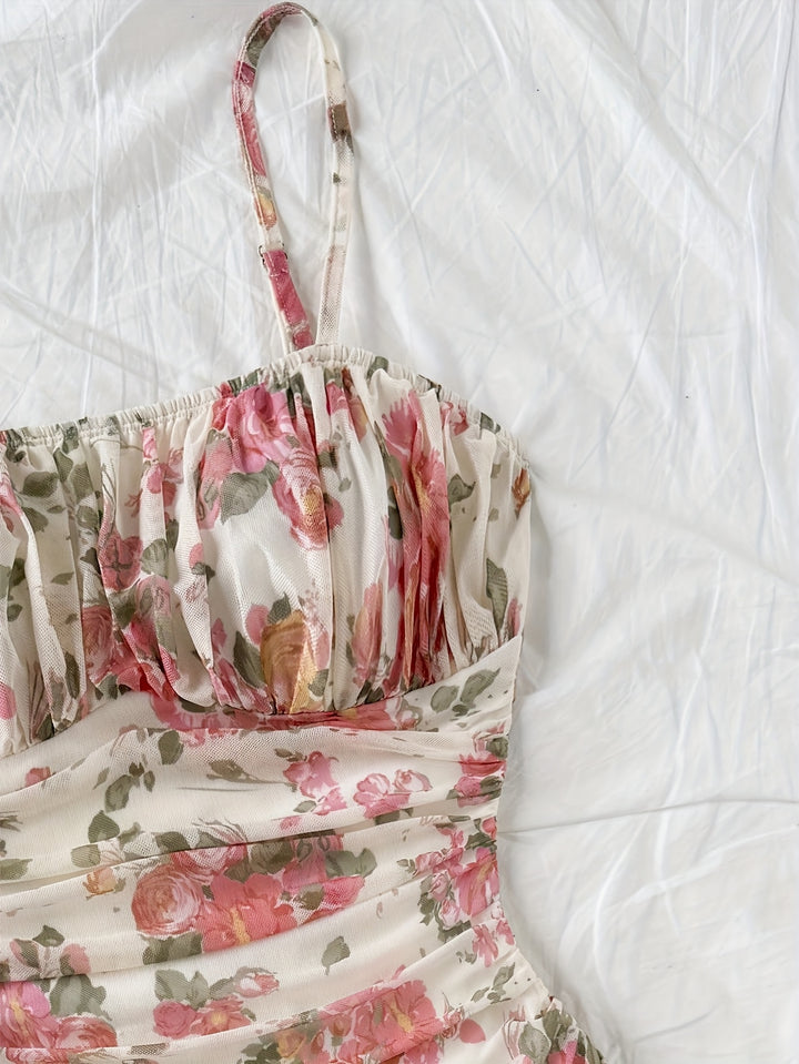 Gebloemde Mesh Jurk - Spaghettibandjes & Frill Detail