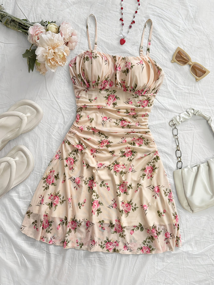 Gebloemde Mesh Jurk - Spaghettibandjes & Frill Detail