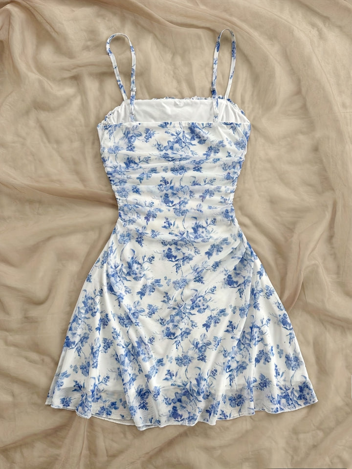 Gebloemde Mesh Jurk - Spaghettibandjes & Frill Detail