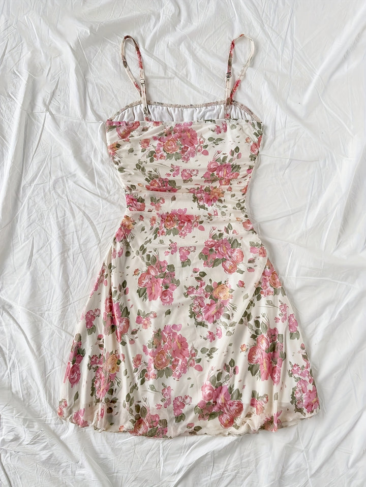 Gebloemde Mesh Jurk - Spaghettibandjes & Frill Detail