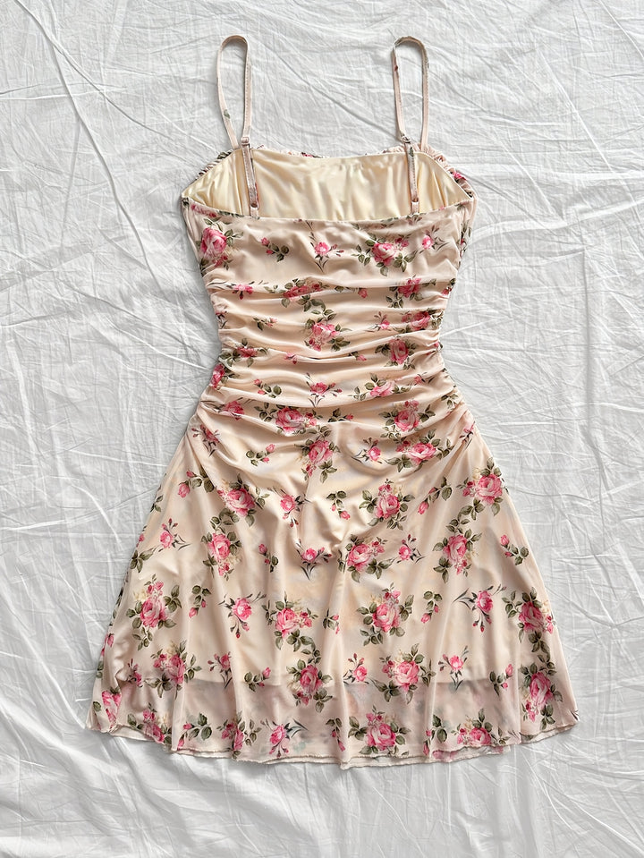 Gebloemde Mesh Jurk - Spaghettibandjes & Frill Detail