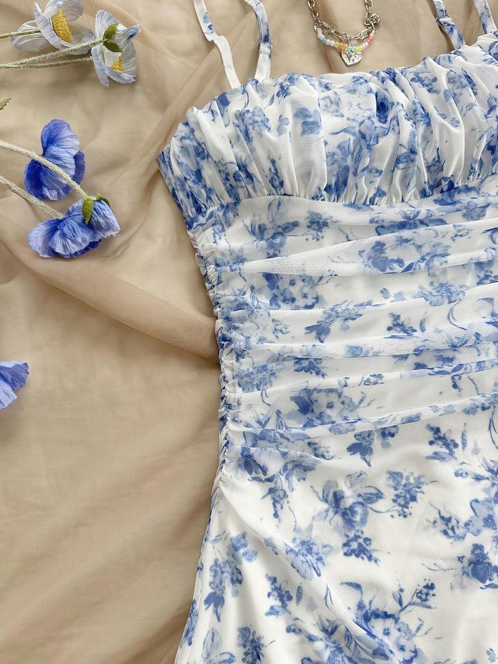 Gebloemde Mesh Jurk - Spaghettibandjes & Frill Detail