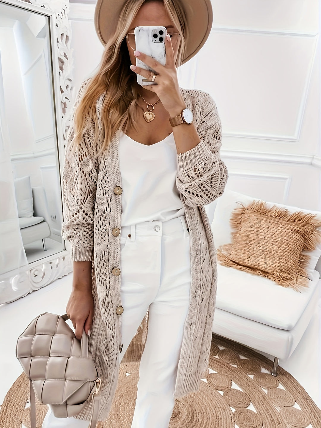 Gebreid Pointel Vest - Knoopsluiting & Lange Mouwen