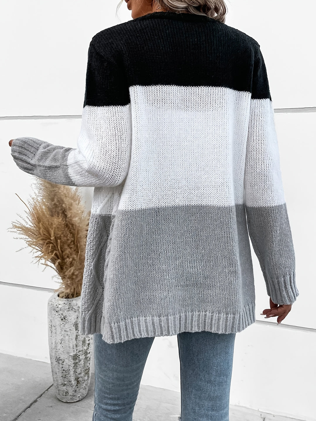 Gebreide Cardigan – Katoenmix Kleurblok & Open Voorzijde