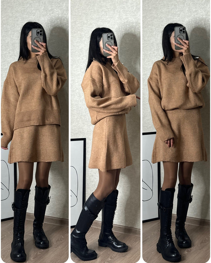Gebreide Set – Pullover Met Lange Mouwen En Hoge Taille