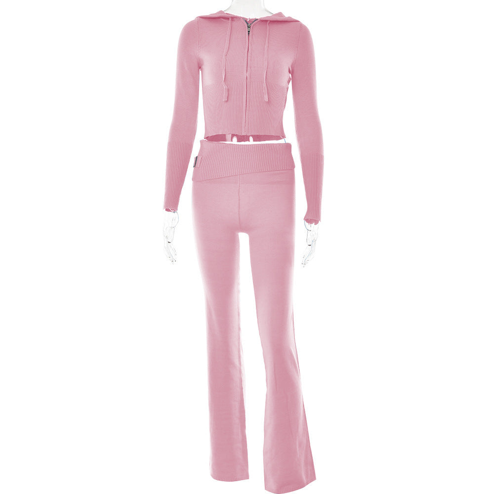 Gebreide Set – Ritsvest Met Capuchon En Hoge Taille Broek