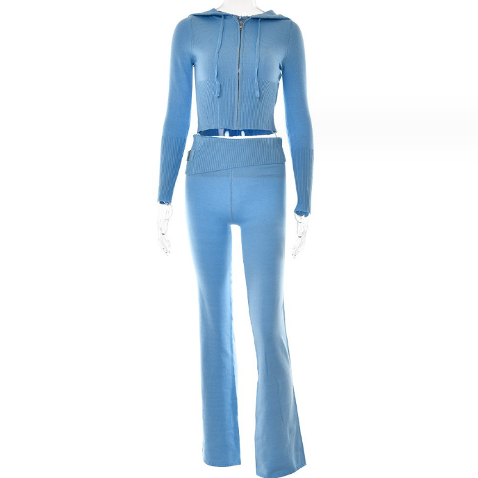 Gebreide Set – Ritsvest Met Capuchon En Hoge Taille Broek