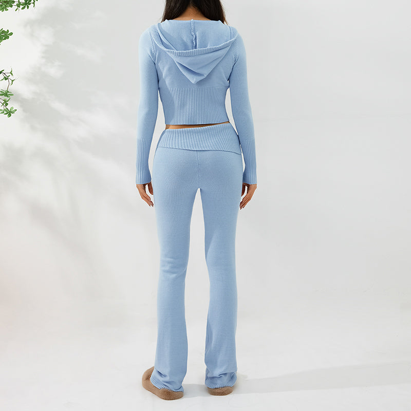 Gebreide Set – Ritsvest Met Capuchon En Hoge Taille Broek