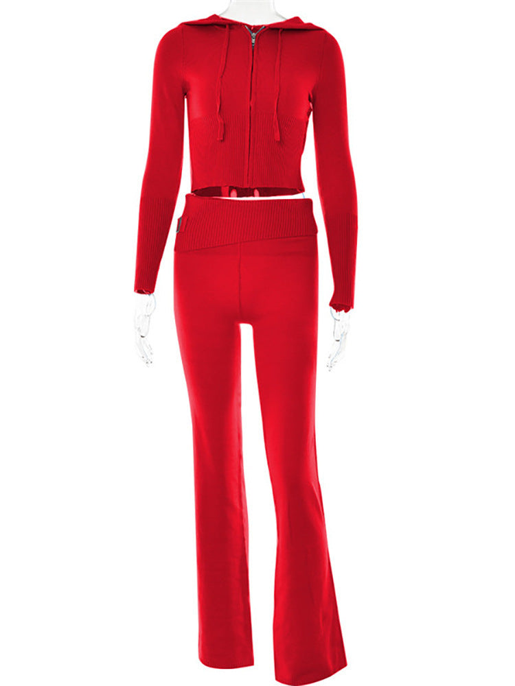 Gebreide Set – Ritsvest Met Capuchon En Hoge Taille Broek