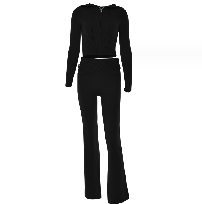 Gebreide Set – Ritsvest Met Capuchon En Hoge Taille Broek