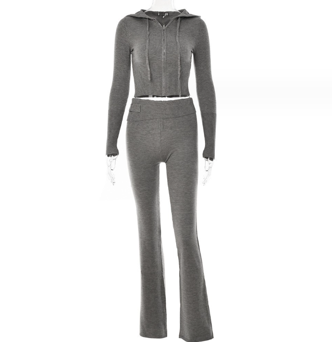 Gebreide Set – Ritsvest Met Capuchon En Hoge Taille Broek