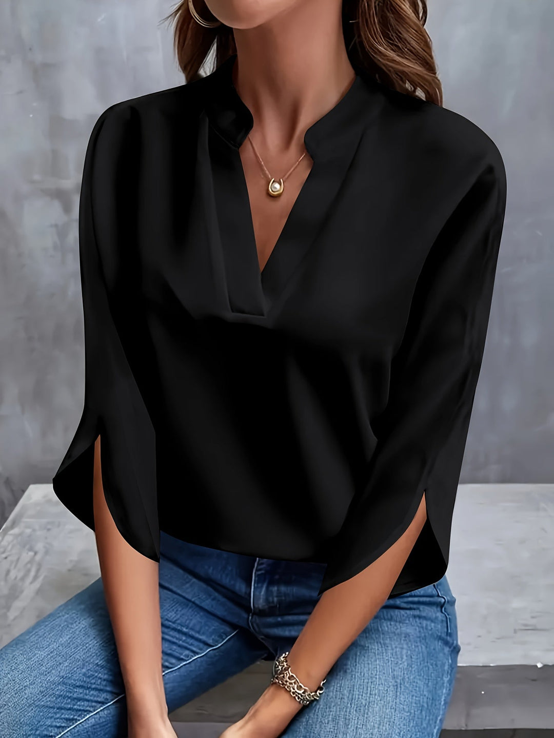 Geknipte Blouse - 3/4 Gesplitste Mouwen & Half Transparant Ontwerp