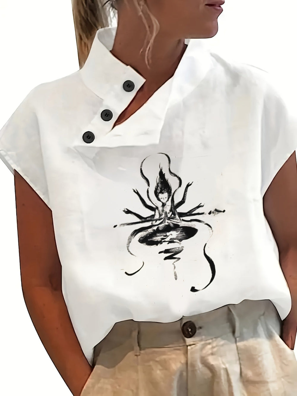 Geprinte Korte Mouw Shirt - Batwing Mouw & Lichtgewicht Stof