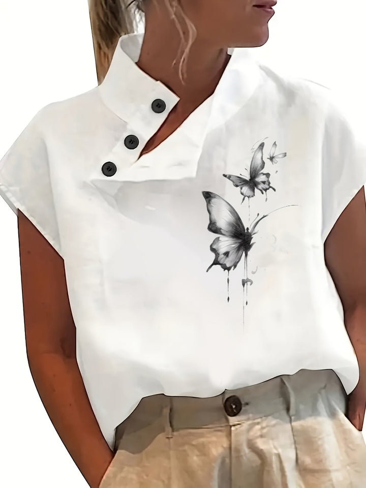 Geprinte Korte Mouw Shirt - Batwing Mouw & Lichtgewicht Stof