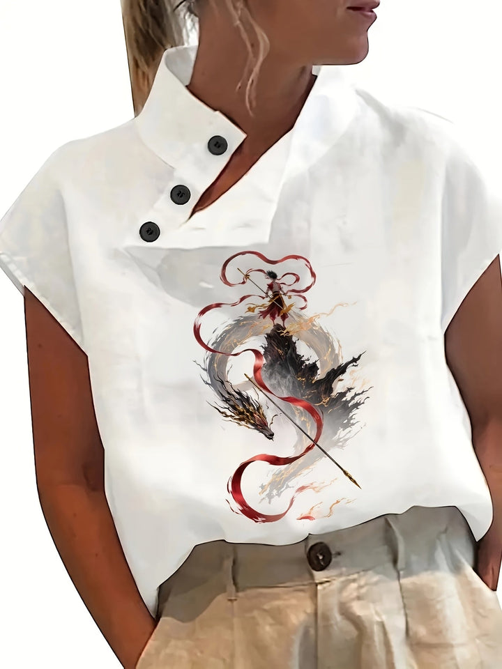 Geprinte Korte Mouw Shirt - Batwing Mouw & Lichtgewicht Stof