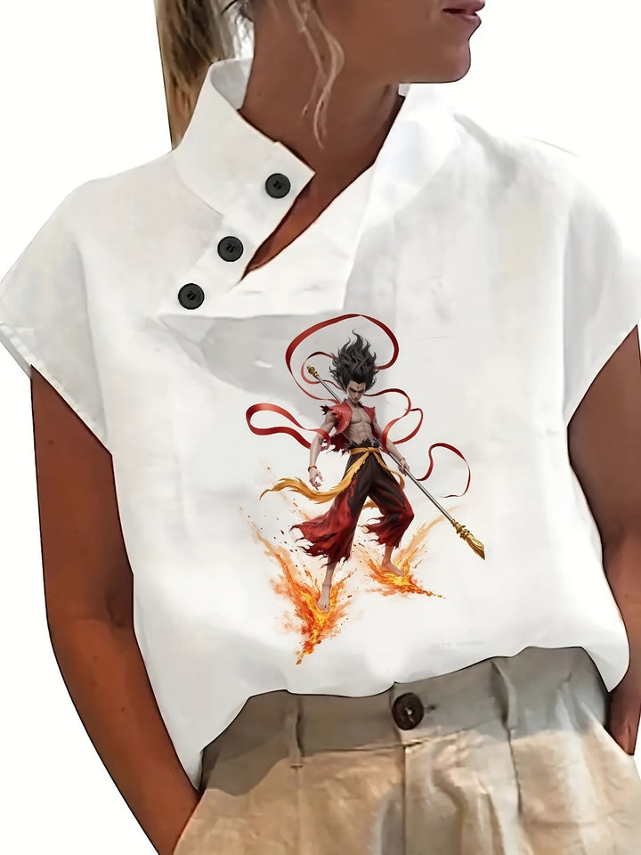 Geprinte Korte Mouw Shirt - Batwing Mouw & Lichtgewicht Stof