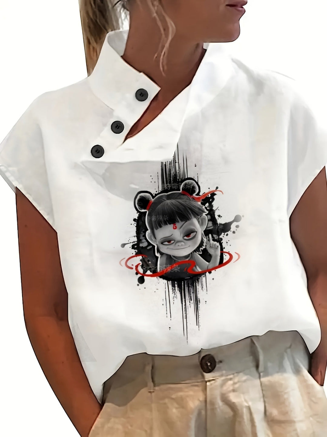 Geprinte Korte Mouw Shirt - Batwing Mouw & Lichtgewicht Stof