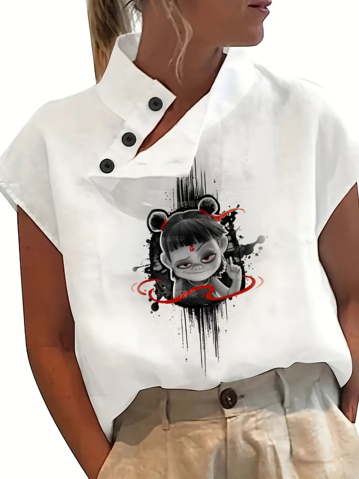 Geprinte Korte Mouw Shirt - Batwing Mouw & Lichtgewicht Stof