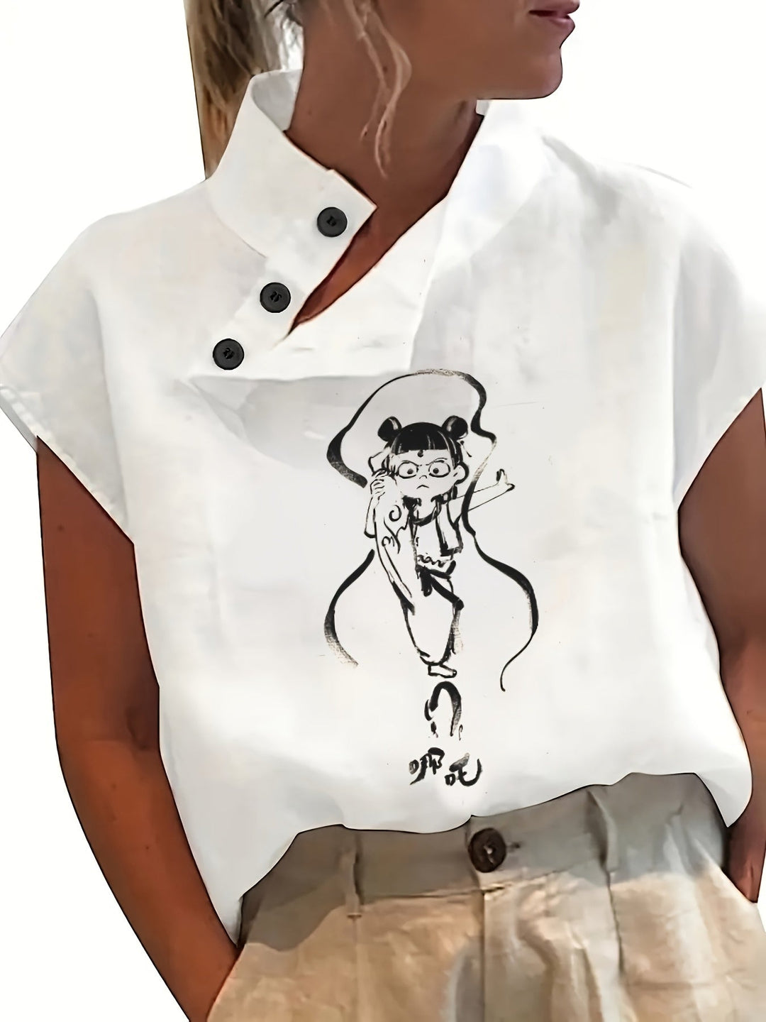Geprinte Korte Mouw Shirt - Batwing Mouw & Lichtgewicht Stof