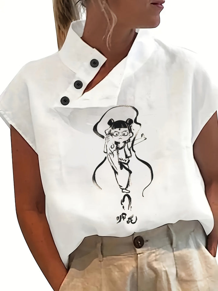 Geprinte Korte Mouw Shirt - Batwing Mouw & Lichtgewicht Stof
