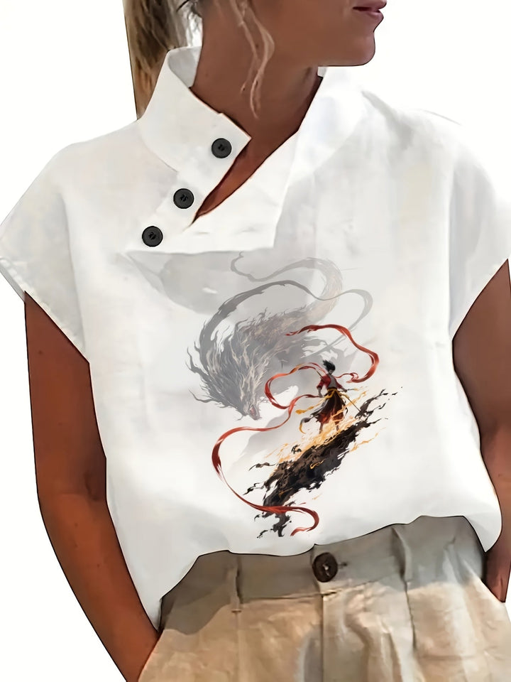 Geprinte Korte Mouw Shirt - Batwing Mouw & Lichtgewicht Stof