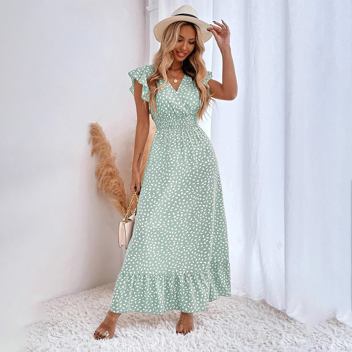 Geprinte Maxi Jurk - Rimpel Mouwen & Elastische Tailleband