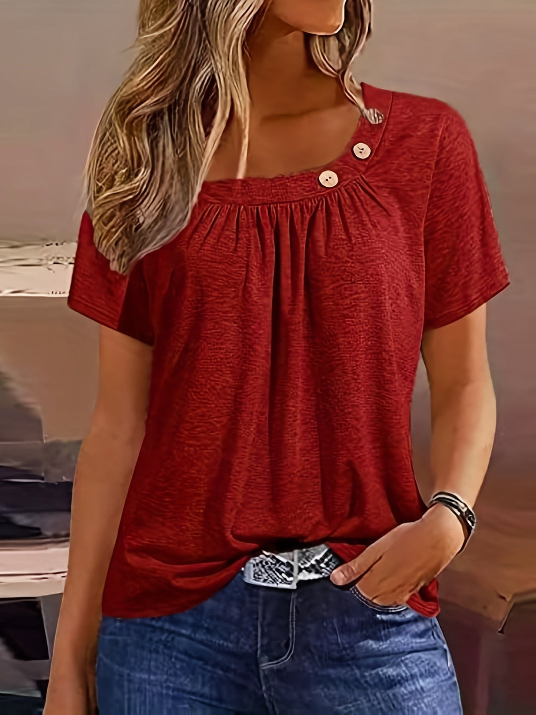 Gerimpelde Effen Blouse - Asymmetrische Halslijn & Korte Mouwen