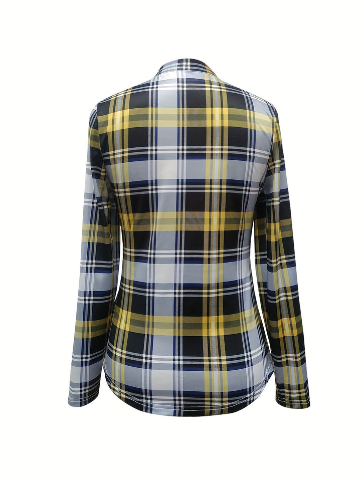 Geruite Trekkoord Blouse - V-Hals Ontwerp en Lange Mouwen