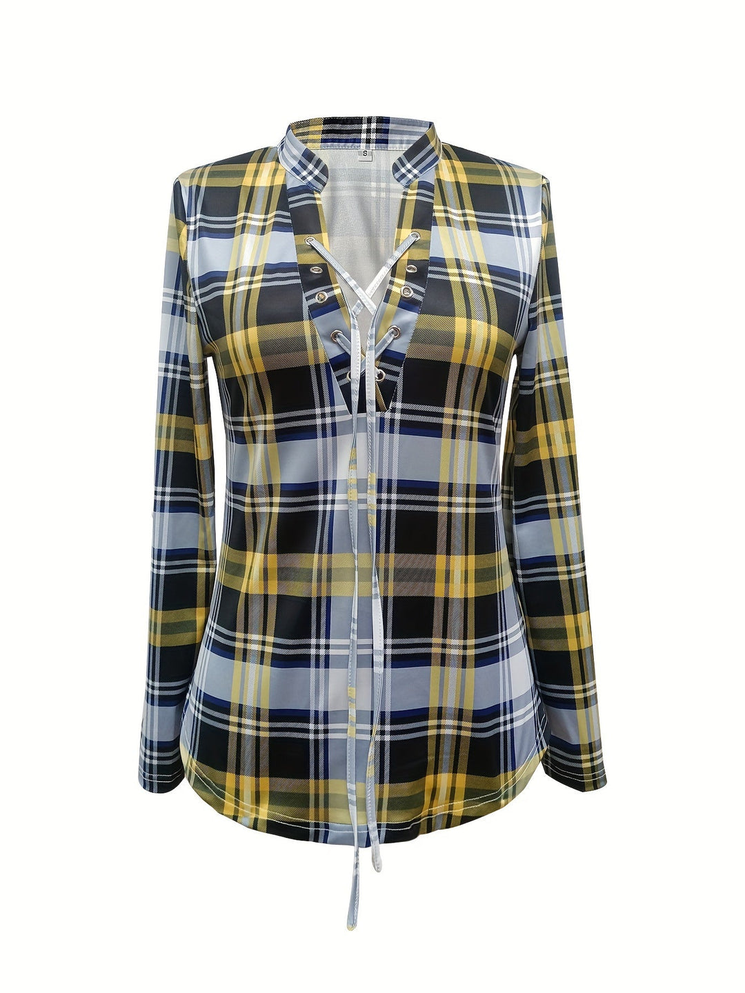 Geruite Trekkoord Blouse - V-Hals Ontwerp en Lange Mouwen