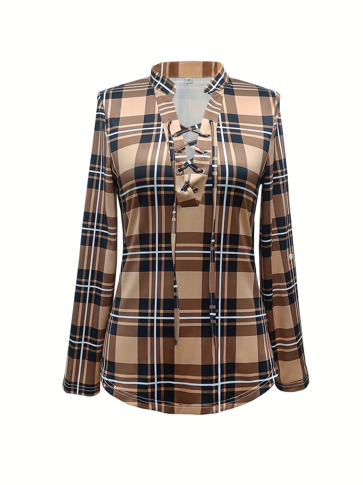Geruite Trekkoord Blouse - V-Hals Ontwerp en Lange Mouwen