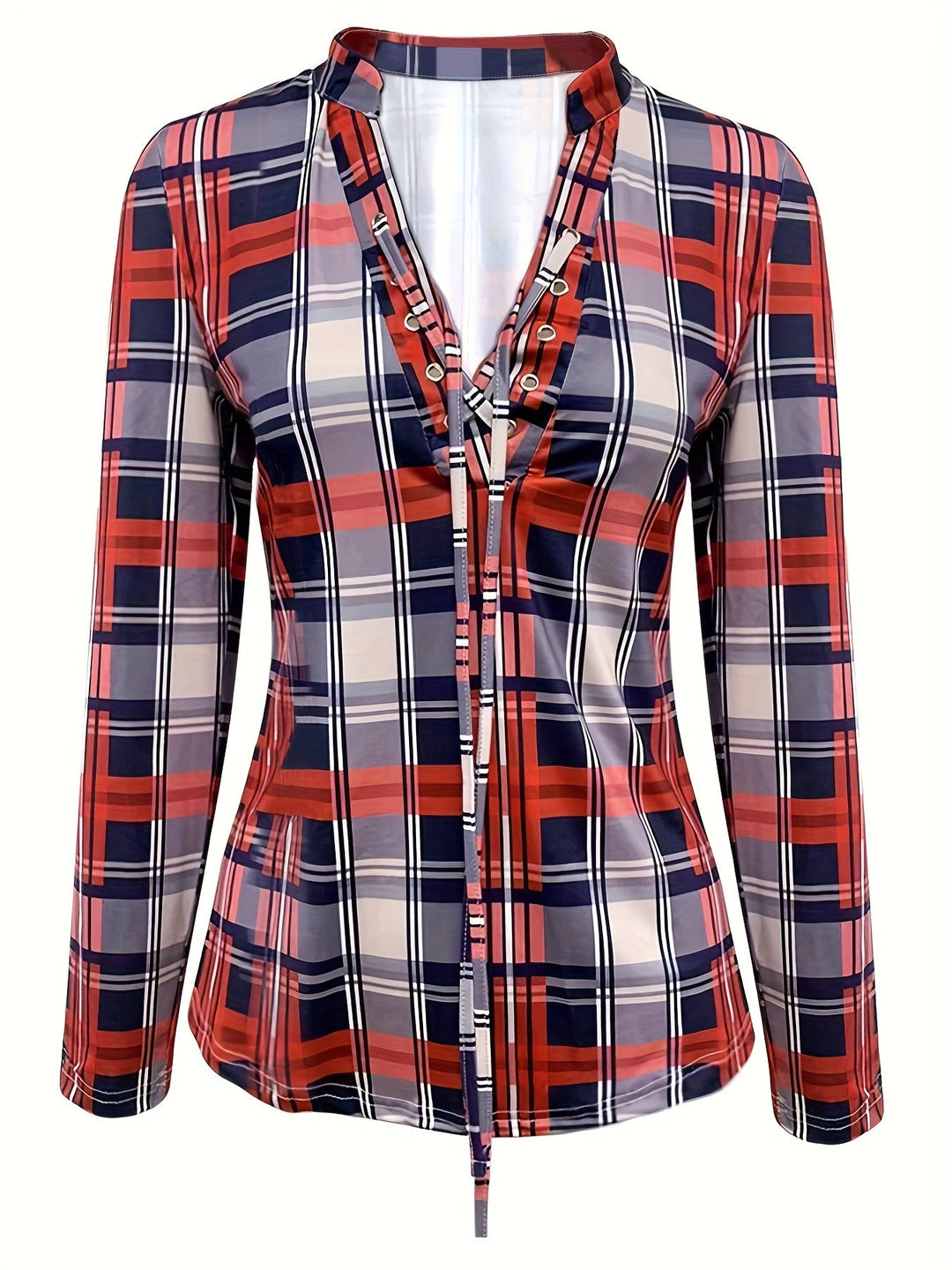 Geruite Trekkoord Blouse - V-Hals Ontwerp en Lange Mouwen