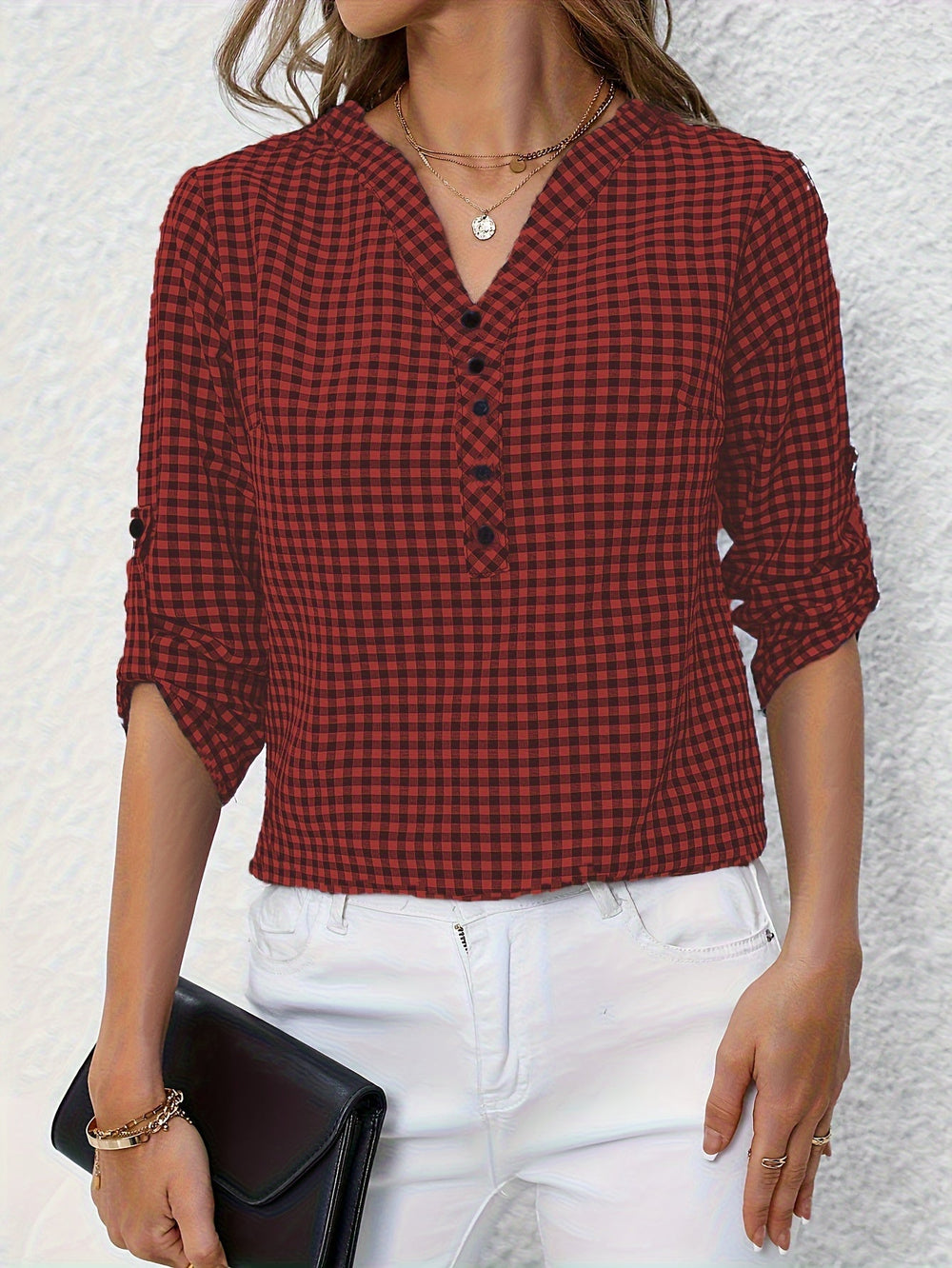 Geruite V-Hals Blouse - Lange Mouwen & Knopen Sluiting