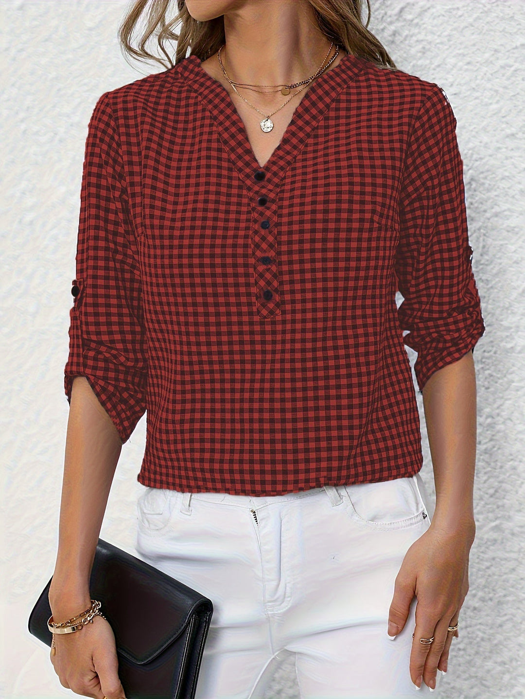 Geruite V-Hals Blouse - Lange Mouwen & Knopen Sluiting