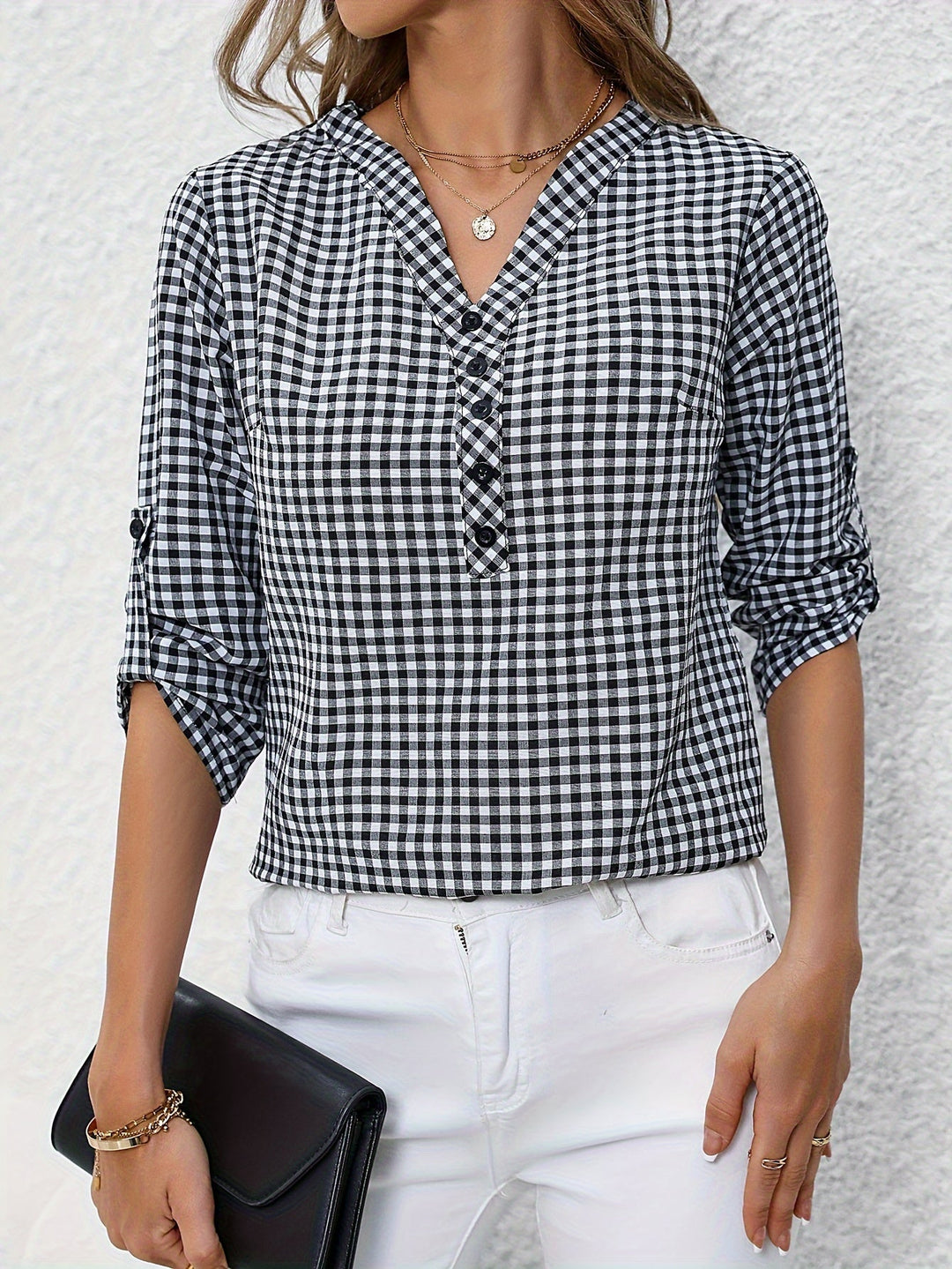 Geruite V-Hals Blouse - Lange Mouwen & Knopen Sluiting