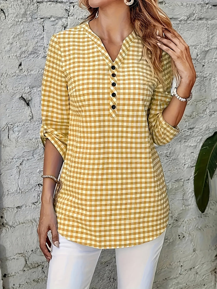 Geruite V-Hals Blouse - Lange Mouwen & Knopen Sluiting