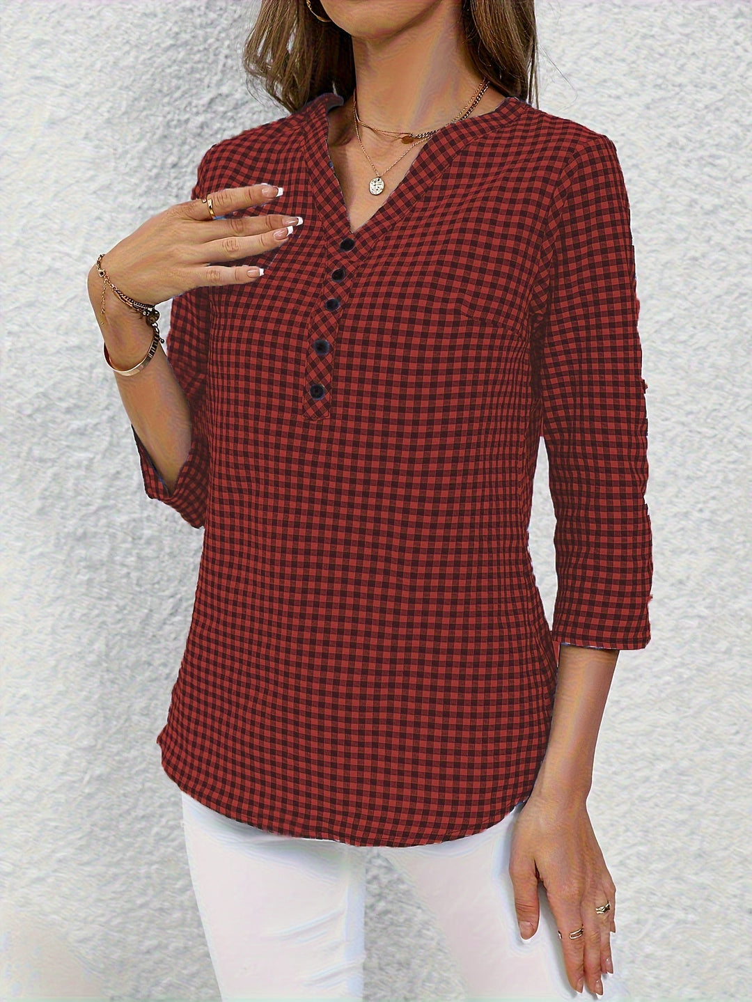 Geruite V-Hals Blouse - Lange Mouwen & Knopen Sluiting