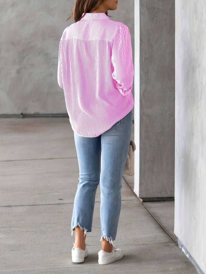Gestreepte Knopen Voorkant Shirt - Borstzak & Relaxte Pasvorm