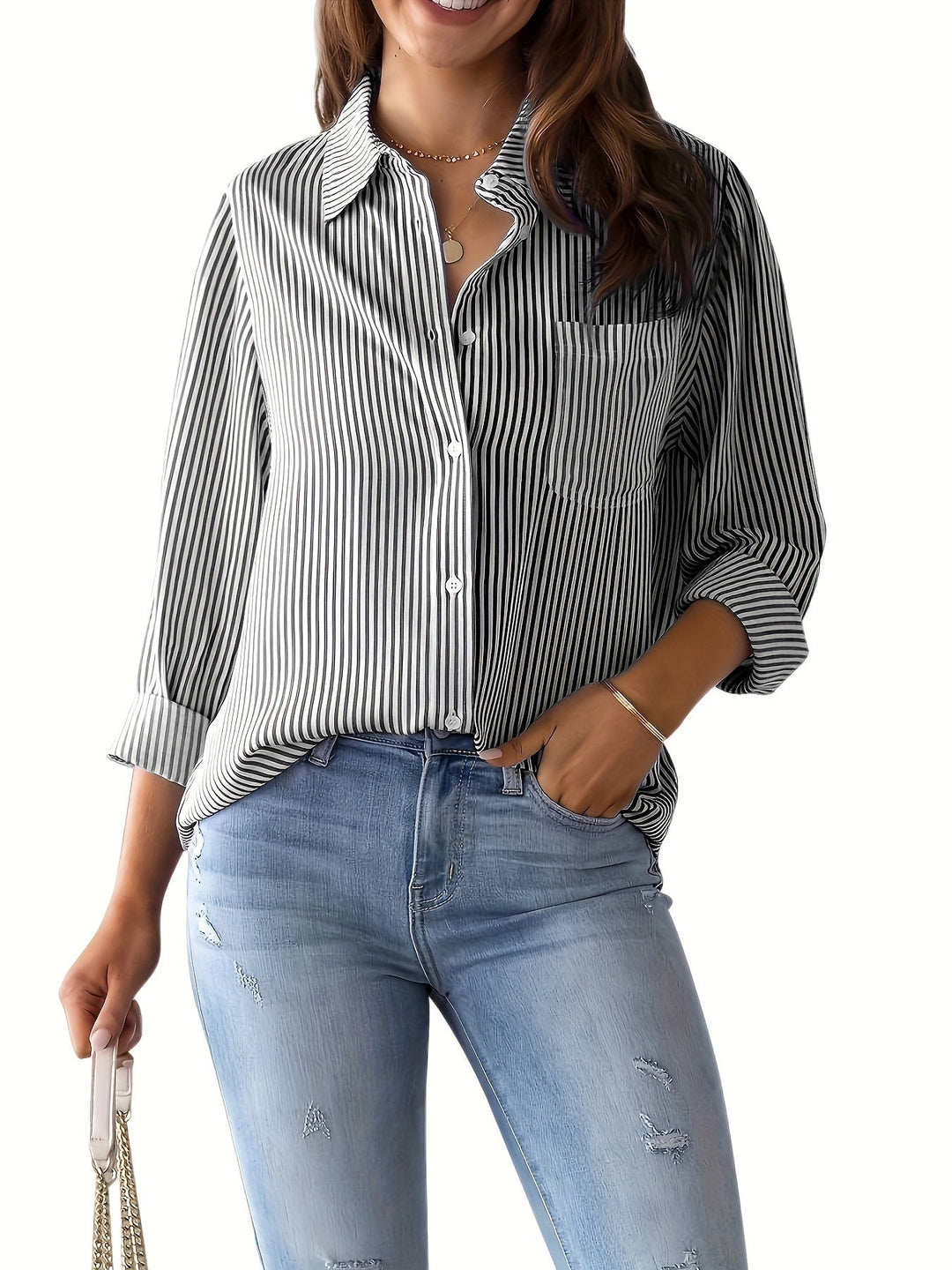 Gestreepte Knopen Voorkant Shirt - Borstzak & Relaxte Pasvorm