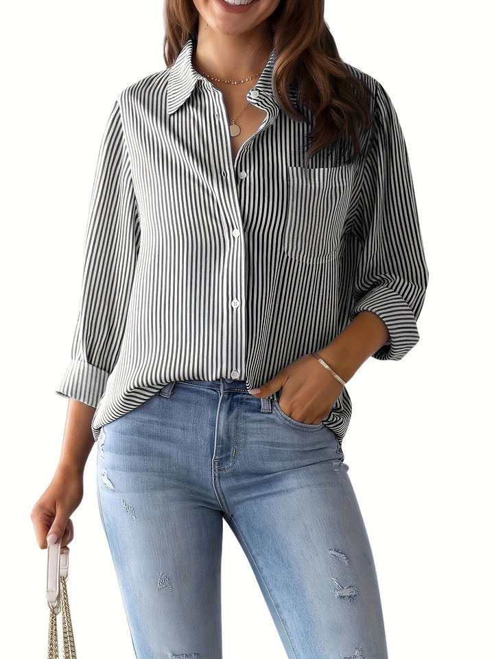 Gestreepte Knopen Voorkant Shirt - Borstzak & Relaxte Pasvorm