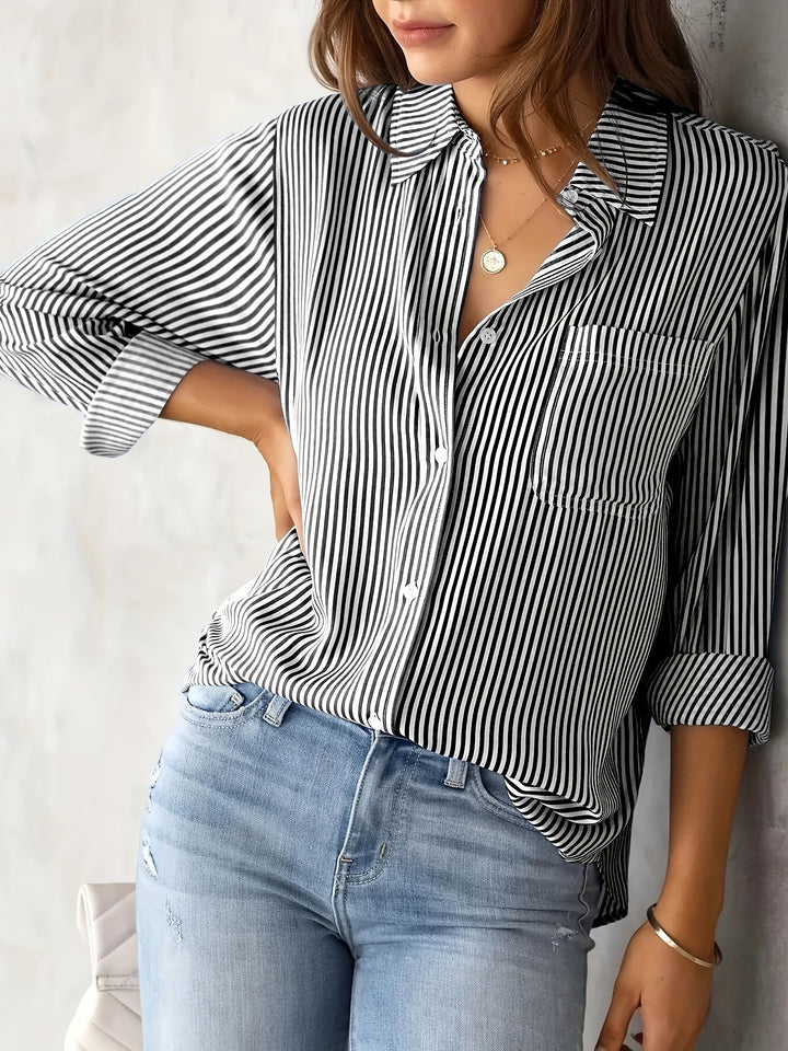 Gestreepte Knopen Voorkant Shirt - Borstzak & Relaxte Pasvorm
