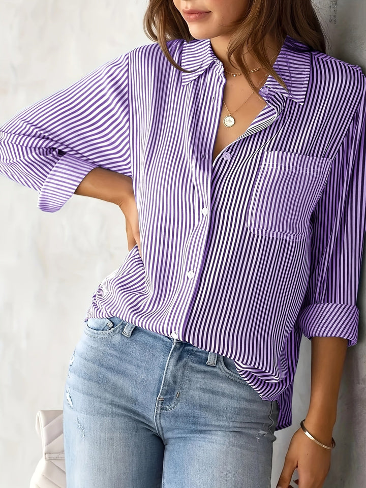 Gestreepte Knopen Voorkant Shirt - Borstzak & Relaxte Pasvorm