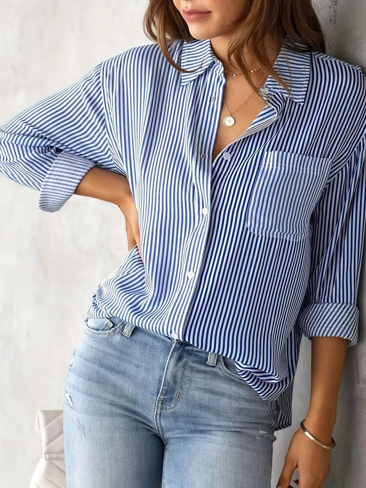Gestreepte Knopen Voorkant Shirt - Borstzak & Relaxte Pasvorm