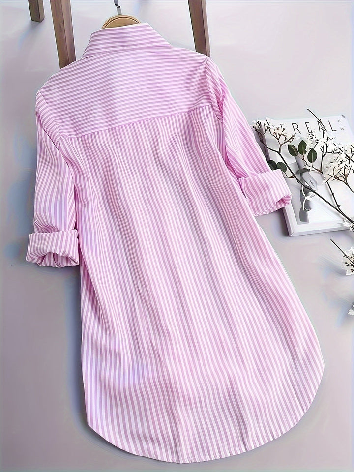 Gestreepte Shirt Met Knopen Vooraan - Curved Hem & Lange Mouwen