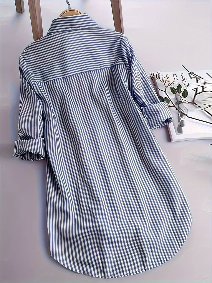Gestreepte Shirt Met Knopen Vooraan - Curved Hem & Lange Mouwen
